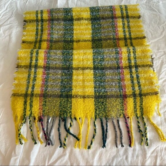 Yellow Pink Green Grey Plaid Eyelash Fringe and Tassel Scarf - Picture 7 of 11